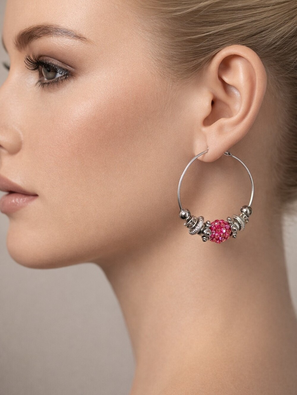Silver Hoop Earrings with Pink Bead Accents – Elegant Women’s Fashion Jewelry